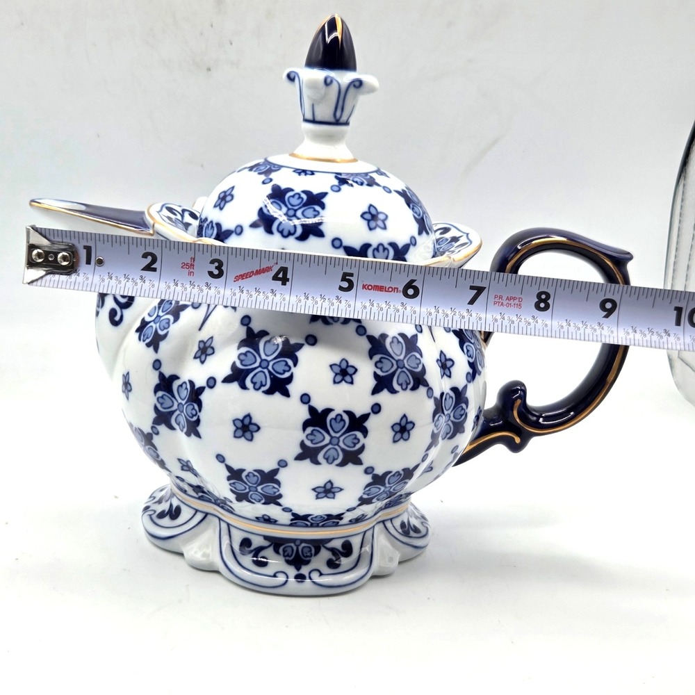 Bombay Summerhill Teapot Large Heavy Cobalt Blue & White Porcelain Gold Trim - Picture 6 of 10